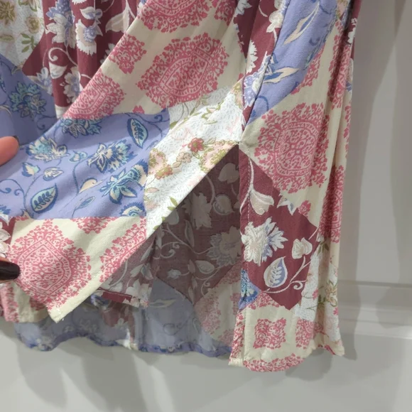 MAURICES Patchwork Floral Print Long Sleeve Peplum Top, V Neck, Smocked Chest - Picture 11 of 15